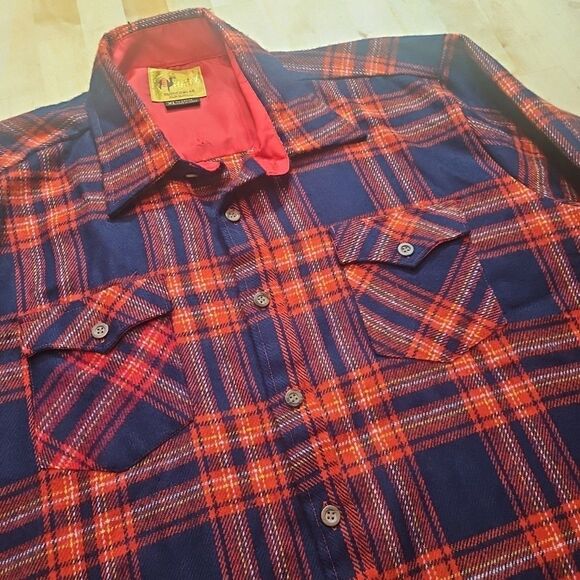 VINTAGE CAMEL RUGGED WEAR SHIRT WOOL RED &/ NAVY PLAID BUTTON FRONT SZ XL - Picture 1 of 16